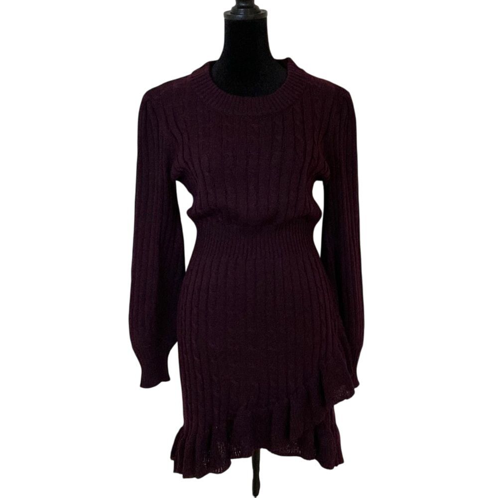 Taylor‎ Ruffled Hem Cable Knit Sweater Dress Womens LP Purple Pullover